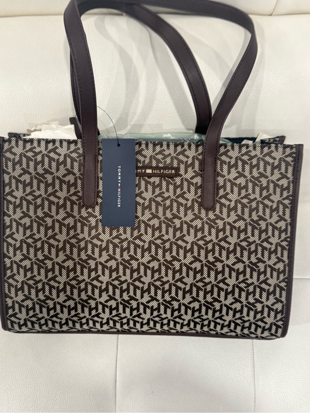 Tommy Hilfiger Brown Signature Jacquard Tote with Dark Brown Handles